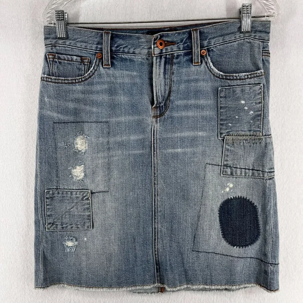 LUCKY BRAND Skirt 4/27 Distressed Patchwork Straight Cotton Stretch Denim Blue
